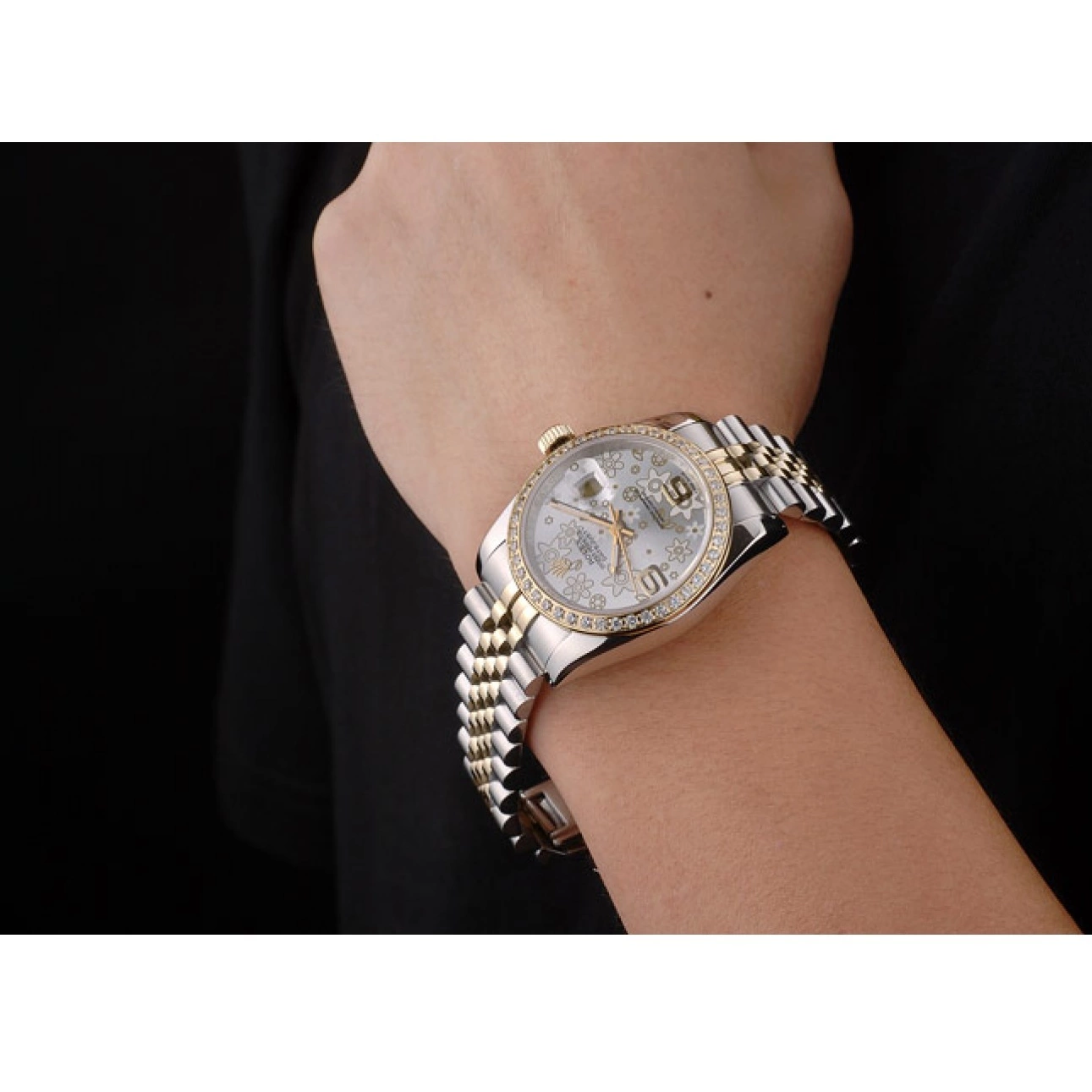 Best AAA Replica Sites DateJust Plated Brushed Flowers Steel Dial Silver Case Diamonds Rolex Stainless 0531